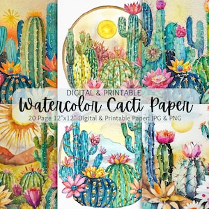 Pack de papier numérique cactus aquarelle | Arrière-plans de cactus aquarelle | Papier scrapbooking bohème cactus | Utilisation commerciale | Papier imprimable