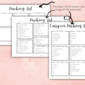 May include: Three printable packing lists for travel. The first two lists are titled "Packing List" and are divided into sections for clothing, toiletries and makeup, extras, and miscellaneous. The third list is titled "Carry-on Packing List" and is divided into sections for electronics, comfort, personal items, extras, food and meds, and misc.