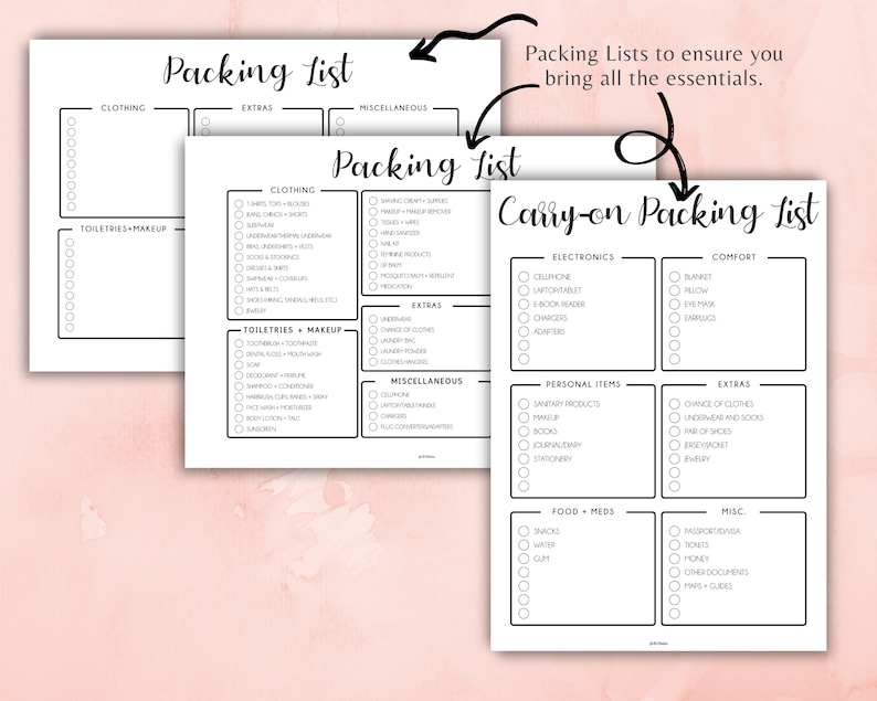 May include: Three printable packing lists for travel. The first two lists are titled "Packing List" and are divided into sections for clothing, toiletries and makeup, extras, and miscellaneous. The third list is titled "Carry-on Packing List" and is divided into sections for electronics, comfort, personal items, extras, food and meds, and misc.