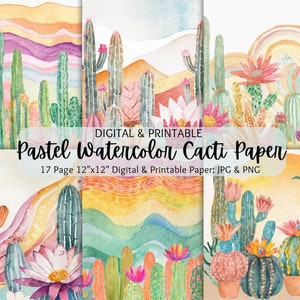 Paquete de papel digital de cactus de acuarela pastel / Fondos de cactus de acuarela / Papel de álbum de recortes de cactus Boho / Uso comercial / Papel imprimible