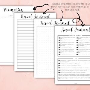 May include: Black and white printable travel journal pages with writing prompts and tips for documenting travel memories. The pages include lined, blank, and dotted paper.