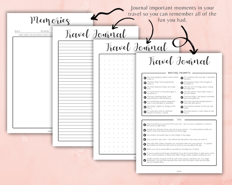 May include: Black and white printable travel journal pages with writing prompts and tips for documenting travel memories. The pages include lined, blank, and dotted paper.