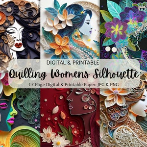 Quilling papier damessilhouet | Papieren quillingkunst met bloemen | Silhouetpapier dames | Digitaal papierpakket | Commercieel gebruik | Scrapbooken