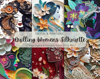 Papier do quillingu Sylwetka kobiety | Papier do quillingu kwiatowy | Papier do sylwetki kobiety | Pakiet papieru cyfrowego | Zastosowanie komercyjne | Scrapbooking