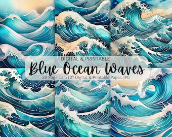 Watercolor Blue Ocean Waves Digital Paper | Watercolor Texture | Commercial Use | Digital Download | Sea Waves | Beach Backgrounds | Summer