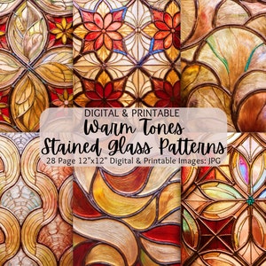 Stained Glass Images | Warm Tones | Stained Glass Seamless Patterns | Digital Paper Pack | Commercial Use | Stained Glass Flowers