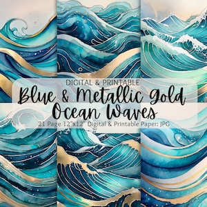 May include: Digital paper pack featuring 21 sheets of blue and gold watercolour ocean waves. Each sheet is 12 inches by 12 inches and is perfect for crafting and scrapbooking.