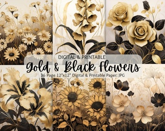 Paquete de papel digital de flores de acuarela dorada, marfil y negra / Fondos florales de acuarela / Scrapbooking / Uso comercial / Papel imprimible