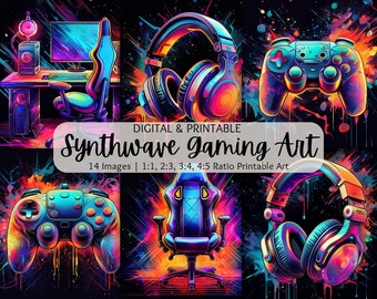 Synthwave gaming-muurkunst | Neon gaming-print | Gaming muurposter | Gamercadeau | Slaapkamerdecoratie jongens | Videogameafdruk | Inrichting gamekamer