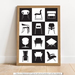 Mid Century Modern Chairs Art Printable | Chairs Poster Wall Art Printable | Mid Century Retro Chairs | Furniture Art | Iconic Chairs