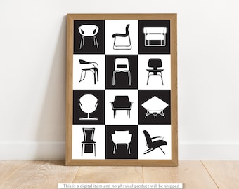 Mid Century Modern Chairs Art Printable | Chairs Poster Wall Art Printable | Mid Century Retro Chairs | Furniture Art | Iconic Chairs