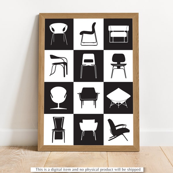 Mid Century Modern Chairs Art Printable | Chairs Poster Wall Art Printable | Mid Century Retro Chairs | Furniture Art | Iconic Chairs