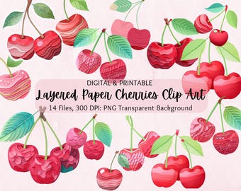 Layered Paper Cherries Clipart | Cherry Clip Art | Cherries PNG | Commercial Use | Watercolor Clipart | Cherry Graphics | Fruit Clipart