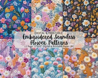 May include: Twelve digital paper designs featuring embroidered floral patterns in various colors, including pink, blue, yellow, and white. The patterns are seamless and can be used for crafting, scrapbooking, and other creative projects. The text "DIGITAL & PRINTABLE Embroidered Seamless Flower Patterns 12 Page 12"x12" Digital & Printable Paper: JPG" is included in the image.