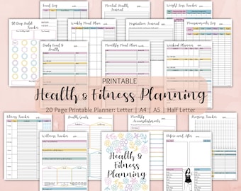 Self Care, Health, Fitness and Wellness Journal Planner Insert Bundle | Digital Download Printable Planner | Letter, A4, A5 | Bullet Journal