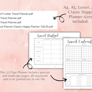 May include: A printable travel planner with a black and white design. The planner includes a budget page, a calendar, and color keys. The text "Travel Budget" and "Travel Calendar" is included in the image. The planner is available in 8.5x11, A4, A5, and Classic Happy Planner sizes.