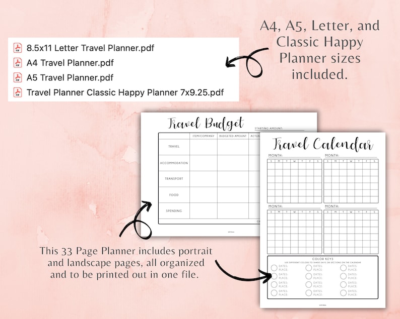 May include: A printable travel planner with a black and white design. The planner includes a budget page, a calendar, and color keys. The text "Travel Budget" and "Travel Calendar" is included in the image. The planner is available in 8.5x11, A4, A5, and Classic Happy Planner sizes.
