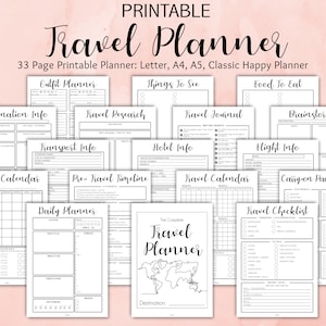 May include: A black and white printable travel planner with 33 pages. The planner includes sections for destination information, travel research, travel journal, transport information, hotel information, flight information, travel calendar, pre-travel timeline, daily planner, packing list, and travel checklist. The planner is designed to help you plan your next trip.