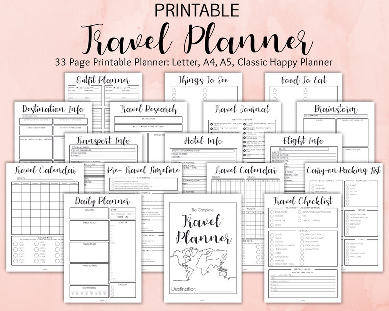 May include: A black and white printable travel planner with 33 pages. The planner includes sections for destination information, travel research, travel journal, transport information, hotel information, flight information, travel calendar, pre-travel timeline, daily planner, packing list, and travel checklist. The planner is designed to help you plan your next trip.