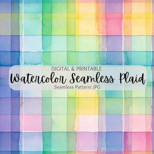 Puede incluir: Un patrón de cuadros sin costuras de acuarela digital e imprimible en una vibrante gama de colores, incluyendo amarillo, rosa, azul y verde. La imagen presenta rayas verticales y horizontales, creando un diseño de cuadros. Se muestra el texto "Watercolor Seamless Plaid".