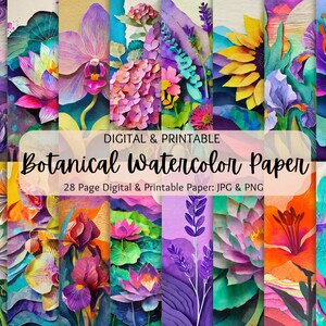 Botanical Watercolor Digital Paper | Watercolor Flower Background | Floral Watercolor Background PNG | Watercolor Layered Cutout Paper