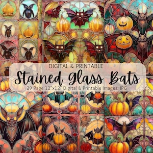 May include: A digital paper pack with 29 pages of stained glass bat and pumpkin designs. The designs are in shades of orange, yellow, red, blue, and green. The text "DIGITAL & PRINTABLE Stained glass Bats 29 Page 12"x12" Digital & Printable Images: JPG" is at the top of the image.