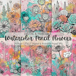 Paquete de papel digital de flores de acuarela pastel y cactus / fondos de cactus de acuarela / Scrapbooking / uso comercial / papel imprimible