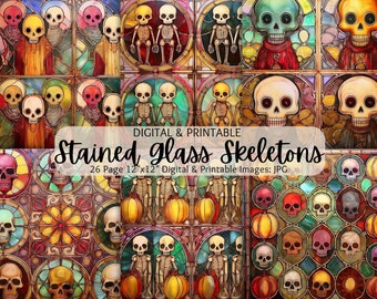 Skeletons Stained Glass Images | Stained Glass Skeletons Patterns | Halloween Patterns | Seamless Patterns | Digital Images | Commercial Use