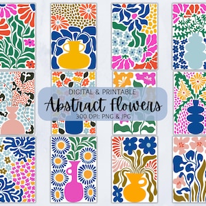 Puede incluir: Conjunto de 10 impresiones de arte digitales imprimibles con flores abstractas en varios colores y patrones. Cada impresi&oacute;n presenta un dise&ntilde;o floral &uacute;nico con un jarr&oacute;n en el centro. Las impresiones son perfectas para agregar un toque de arte moderno a cualquier habitaci&oacute;n.