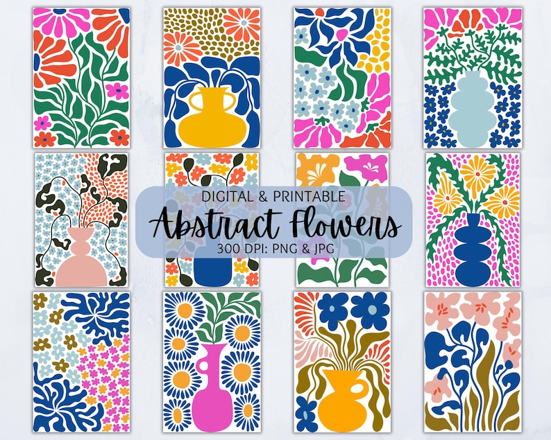 Puede incluir: Conjunto de 10 impresiones de arte digitales imprimibles con flores abstractas en varios colores y patrones. Cada impresi&oacute;n presenta un dise&ntilde;o floral &uacute;nico con un jarr&oacute;n en el centro. Las impresiones son perfectas para agregar un toque de arte moderno a cualquier habitaci&oacute;n.