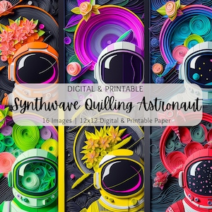 Arte colorida do papel do astronauta de Synthwave Quilling | Downloads digitais em papel artesanal | Uso Comercial | Papel para impressão | Papel para álbum de recortes