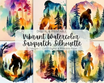 Vibrante acuarela Sasquatch arte imprimible / Bigfoot, Sasquatch, Yeti / Arte de pared / Descargas digitales / Uso comercial / Papel imprimible