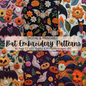 May include: A set of 46 digital printable embroidery patterns featuring bats and pumpkins. The patterns are 12 inches by 12 inches and are in JPG format.