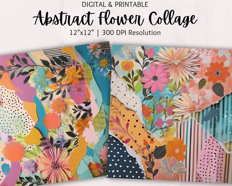 Abstract Mixed Media Torn Paper Flower Collage | Digital Paper ...