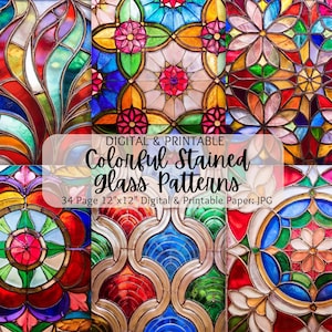 Stained Glass Images | Colorful Stained Glass Patterns | Seamless Patterns | Digital Paper Pack | Commercial Use | Stained Glass Flowers