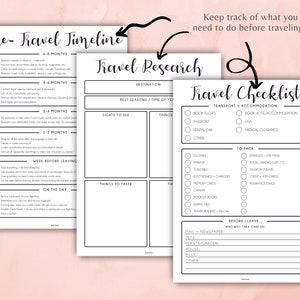 May include: A printable checklist for planning a trip. The checklist includes sections for travel research, transportation and accommodation, packing, and things to do before leaving. The checklist is black and white with a simple design.