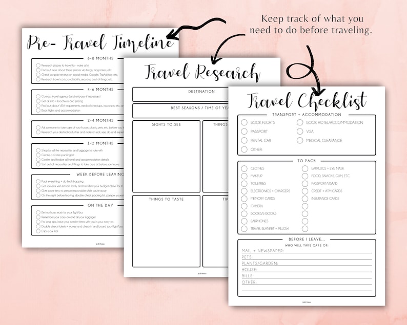May include: A printable checklist for planning a trip. The checklist includes sections for travel research, transportation and accommodation, packing, and things to do before leaving. The checklist is black and white with a simple design.