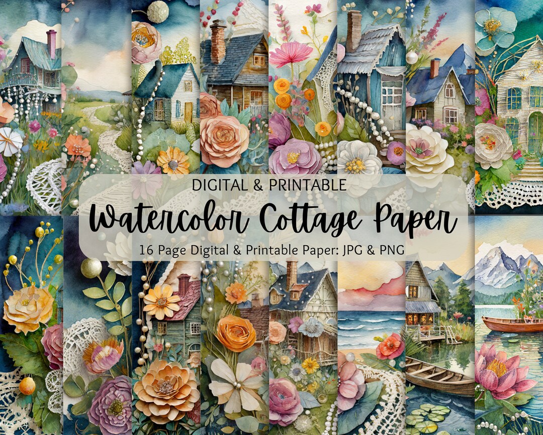Watercolor Lake Cottage Junk Journal Paper | Printable Pages | Lake ...