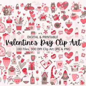 Valentinstag Clipart 100 Bilder-Bundle | Hygge Valentinstag PNG JPG Clip Art | Junk Journal | Sammelalbum | Gnom, Kitty, süße Valentinsgrüße