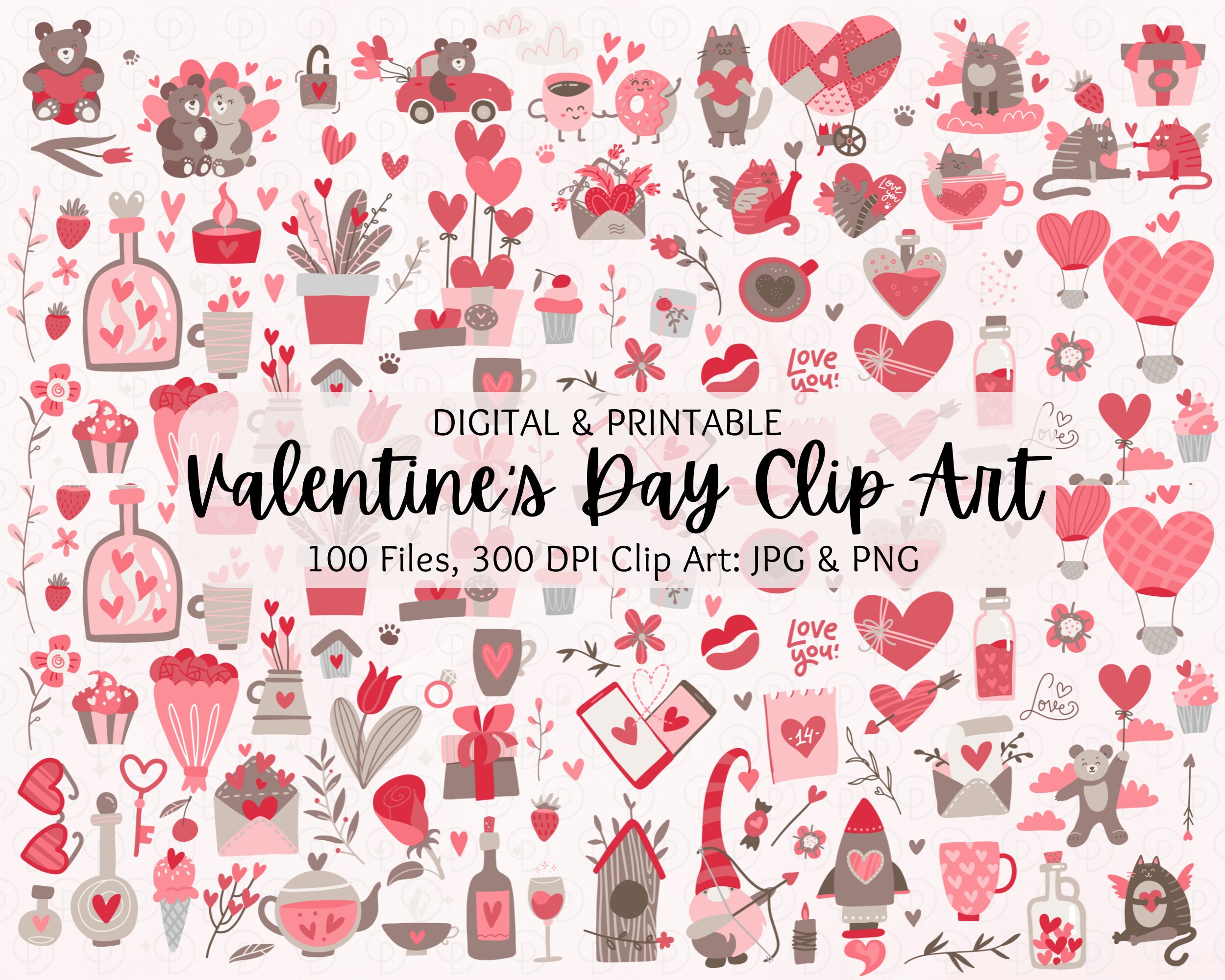 Valentine's Day Clipart 100 Image Bundle | Hygge Valentines PNG JPG Clip Art | Junk Journal | Scrapbook | Gnome, Kitty, Cute Valentines