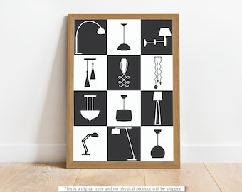 Mid Century moderne Lampe Art Printable | Lampe Poster Wand Kunst Print | Mid Century Retro Lampen | Möbelkunst | Kultig