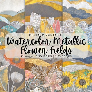 Paquete de papel digital de acuarela pastel y flores metálicas / Uso comercial / Fondos de flores de acuarela / Papel imprimible / Scrapbooking