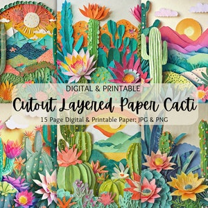 Papier stratifié à découpes pour cactus | Paquet de papier numérique | Fonds de cactus | Papier de scrapbooking bohème cactus | Utilisation commerciale | Papier imprimable | PNG