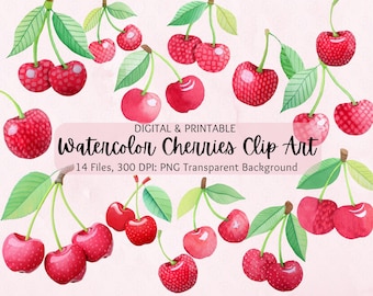 Watercolor Cherries Clipart | Cherry Clip Art | Cherries PNG | Commercial Use | Watercolor Clipart | Cherry Graphics | Fruit Clipart