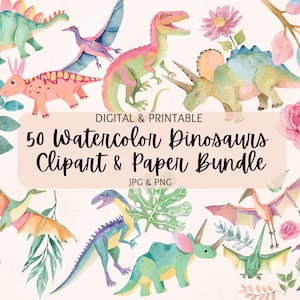 Watercolor Dinosaur Clipart Bundle | Watercolor Dinosaurs Digital Paper Bundle | T-Rex | Stegosaurus | Triceratops | Raptor | Pterodactyl