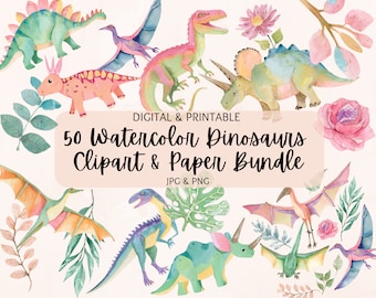 Watercolor Dinosaur Clipart Bundle | Watercolor Dinosaurs Digital Paper Bundle | T-Rex | Stegosaurus | Triceratops | Raptor | Pterodactyl