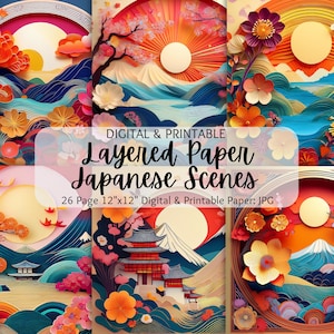 Layered Paper Japanese Scene | Digital Paper | Digital Backgrounds | Scrapbook | Commercial Use | Japanese Flowers | Mount Fuji | Chigiri-e