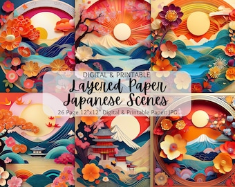 Puede incluir: Un conjunto de 26 diseños de papel digital con escenas japonesas de papel en capas. Cada diseño mide 30,5 cm por 30,5 cm y está en formato JPG. Los diseños presentan una variedad de colores, incluyendo rojo, naranja, amarillo, verde, azul y morado. Los diseños son perfectos para scrapbooking, creación de tarjetas y otras manualidades de papel.