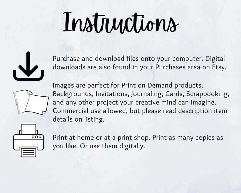 Puede incluir: Instrucciones para comprar y descargar archivos digitales. Las im&aacute;genes son perfectas para productos de impresi&oacute;n bajo demanda, fondos, invitaciones, diarios, tarjetas, &aacute;lbumes de recortes y cualquier otro proyecto. Se permite el uso comercial, pero lea los detalles de la descripci&oacute;n del art&iacute;culo en la lista. Imprima en casa o en una imprenta. Imprima tantas copias como desee. O util&iacute;celas digitalmente.