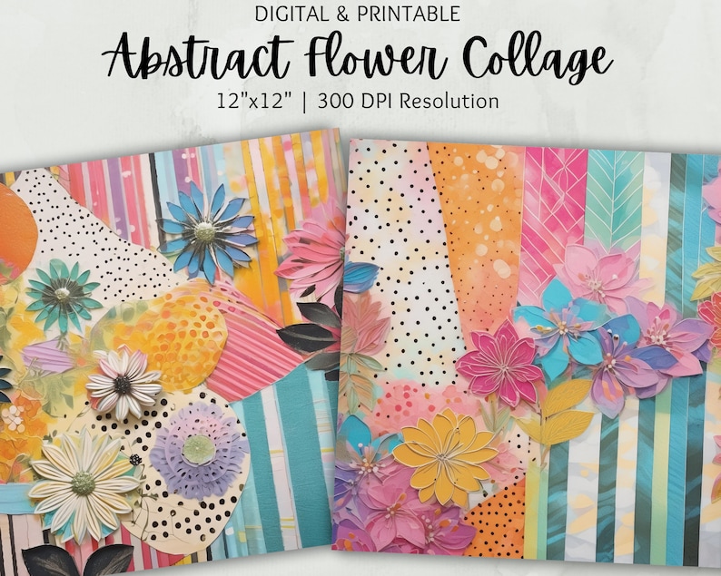 Abstract Mixed Media Flower Collage Paper Digital Paper Commercial Use ...